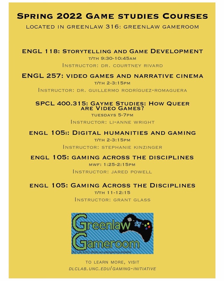 Flyer: Spring 2022 Games Studies Courses. Located in Greenlaw 316: Greenlaw Gameroom. ENGL 118: Storytelling and Game Development Tuesday Thursday 9:30-10:45 AM Instructor: Dr. Courtney Rivard. ENGL257: Video Games and Narrative Cinema Tuesday Thursday 2-3:15 PM Instructor: Dr. Guillermo Rodríguez-Romaguera. SPCL 400.315: Gayme Studies: How Queer are Video Games? Tuesdays 5-7 PM Instructor: Li-Anne Wright. ENGL105i:Digital Humanities and Gaming Tuesday Thursday 2-3:15 PM Instructor: Stephanie Kinzinger. ENGL 105: Gaming Across the Disciplines Monday Wednesday Friday 1:25-2:15 PM Instructor: Jared Powell. ENGL 105: Gaming Across the Disciplines Tuesday Thursday 11-12:15 Instructor Grant Glass. Greenlaw Gameroom. To learn more, visit dlclab.unc.edu/gaming-initiative